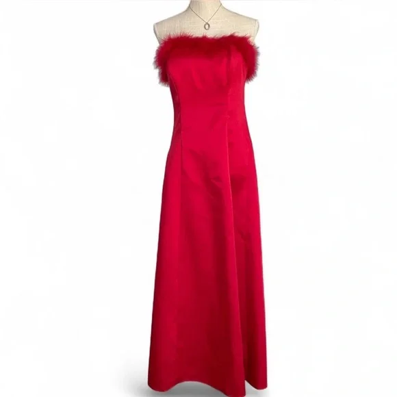 Y2K Red Satin Marabou trim Feathered Dress - Picture 1 of 7